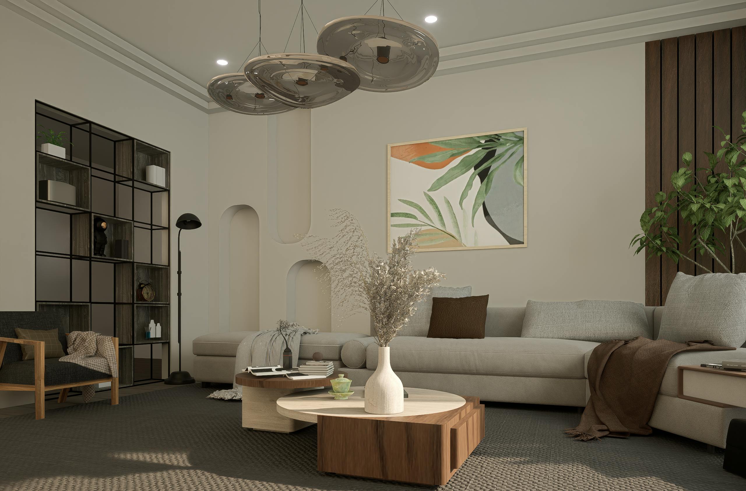 A stylish and modern living room with neutral tones and minimalist decor. High-end design.
